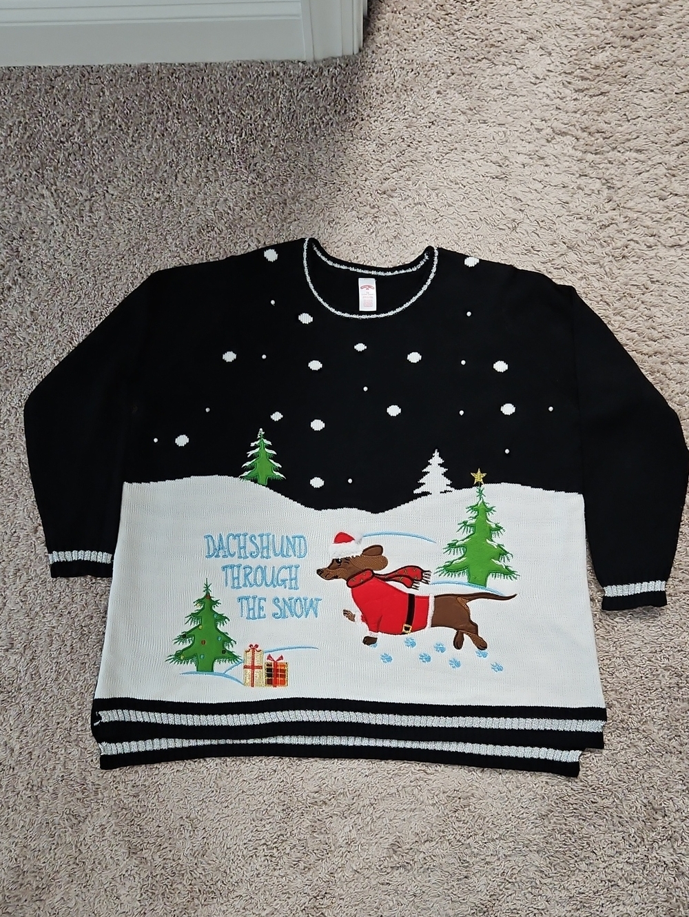 Ugly Sweater Christmas Black & White Dachshund Through the Snow Crewneck Holiday